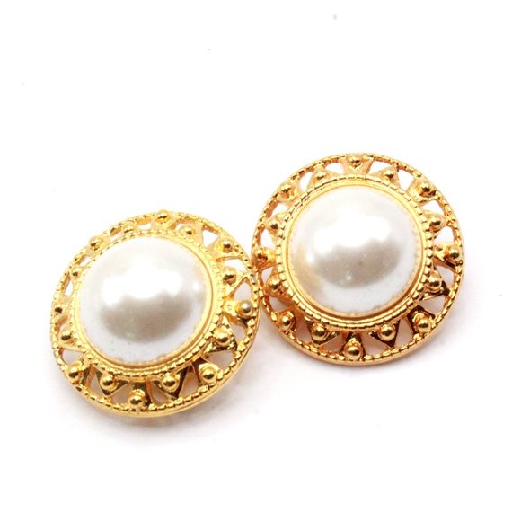 Anne Klein Signed Designer Couture Faux Pearl Gold Plate NOS Clip Earrings - Picture 2 of 8